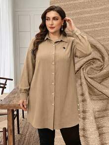 Lacomfia Plus Size Solid Color Long Sleeve Textured Fabric Casual Commute Embroidered Pony Long Shirt - Khaki - View 1