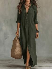 LUMIGAL Women's Loose Collar Solid Color Army Green Long Sleeve Dress, Split Hem Casual Boho Vacation Dress, Suitable For Spring And Autumn For Girls - Army Green - View 4