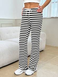 SHEIN Tall Women's Casual Extra Long Knitted Striped Pants With Drawstring In Black And White - Black and White - View 3