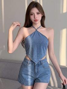 DAZY 夏季水鑽休閒度假海灘性感細肩帶上衣與牛仔短褲兩件套女裝淺藍色 - 藍色 - 查看 4
