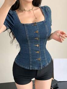 Joudiya 夏季修身優雅派對音樂節短袖女款牛仔上衣 - 深色水洗藍 - 查看 8