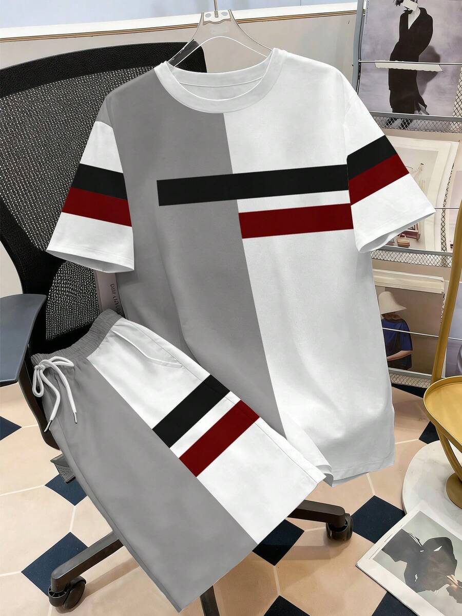 Manfinity Hypemode 男士灰色白色紅色拼接休閒運動圓領T恤與及膝短褲多功能套裝 - 彩色 - 查看 1