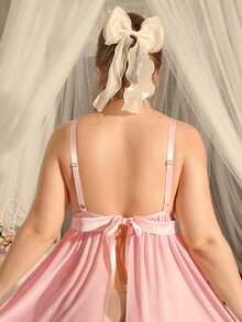 DelicateAllure Camisón de talla grande transparente, sexy y lindo, con tirantes de espagueti, lazo de cinta con cadena de perlas rosas y cierre de nudo en la espalda, exquisito - Rosa - Ver 2