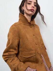 Nöista Brown Suede Jacket With A Collar, Flap Patch Pockets & Covered Buttons. Everyday, Back-To-School, Office Wear, Travel, Weekends, Fall Autumn, Winter.. - Brown - View 1