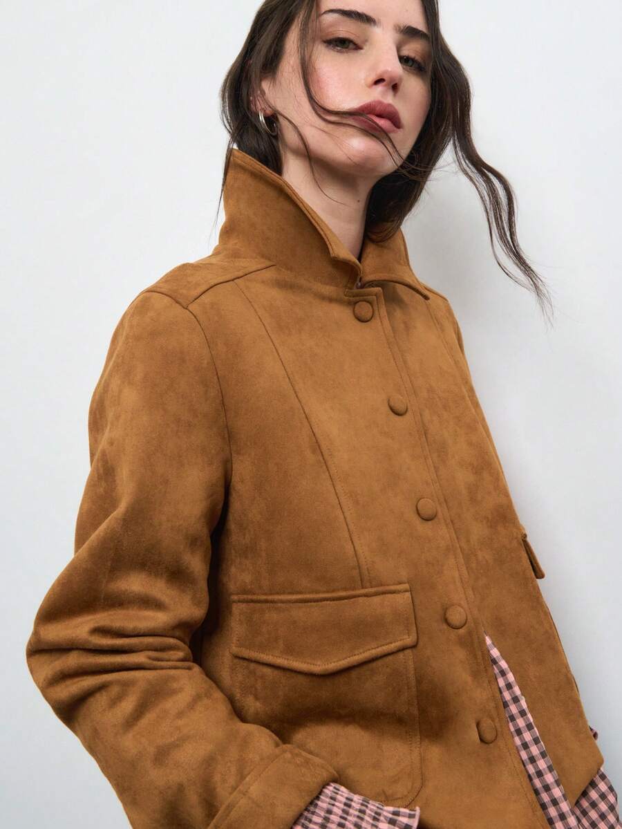 Nöista Brown Suede Jacket With A Collar, Flap Patch Pockets & Covered Buttons. Everyday, Back-To-School, Office Wear, Travel, Weekends, Fall Autumn, Winter.. - Brown - View 1