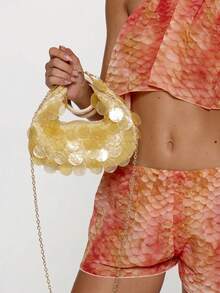 MUSERA Ladies, Women Imitation Round Seashell Pieces Top Handle Bags, Handmade Bag, Fashionable, Elegant, Simple, Personalized, Versatile, For Beach, Vacation, Holiday, Summer, Seaside, Beach Party - Butter Yellow - View 1