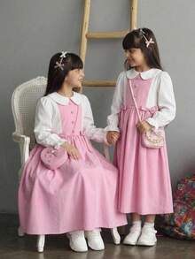 Tween Girl Back To School Outfit, Fitted Pink & White Patchwork Long Sleeve Dress With 3D Bow Decor, Turn-Down Collar, Open Front, Vintage Preppy Style, Exquisite Pink & White Plaid With Large 3D Bow, Casual School Shirt Dress For Tween Girl - Pink - View 1