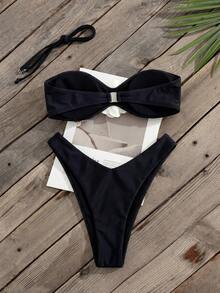 Bonvoyette Women's Summer Light Beige Elegant 3D Knit Floral Star Embellished Halter Bikini Set, Sexy Style Beach Vacation Body-Flattering Swimwear Black - Black - View 2