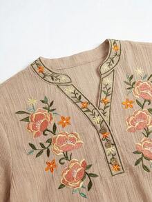 Wildy BOHO Lässig Western Country Nomad Damen Sommer Alltag Basic Outfit Bestickte Kurzarm Bluse für Ausflüge und Pendeln - Aprikosenfarben - Übersicht 3