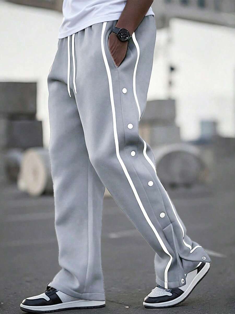 Manfinity Homme Loose Men Contrast Tape Button Side Drawstring Waist Sweatpants - Light Grey - View 1