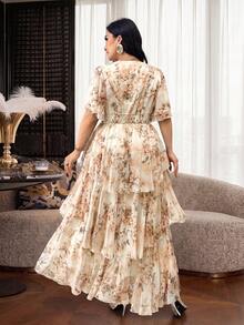 Modelyn Plus Size Women's V-Neck Floral Print Pleated Elegant Party Dress - Apricot - View 3