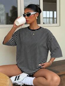 Muchica Women's Versatile Striped Colorblock Round Neck T-Shirt For Daily Wear - Black - View 6
