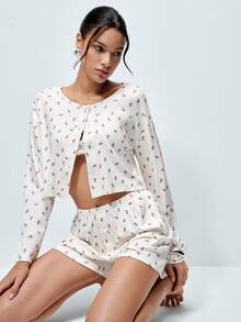 Softvol 2pcs Women's Round Neck Drop Shoulder Print Cardigan + Elastic Waist Button Front Shorts Set - White - View 10