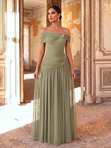 Aureia Elegant Luxurious Beaded Rhinestone Off-Shoulder Elastic Knit Mesh Ruched Full Skirt Evening Dress Suitable For Wedding Events, Bachelorette Party, Vacation, Gathering, Festival, Music Festival, Dinner Party (Heavy Workmanship Style) - Green - View 4