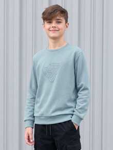 SHEIN 青少年男孩休閒寬鬆舒適百搭素色壓紋圓領運動衫 - 藍色 - 查看 8