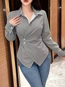 SHEIN 女款純色長袖裹身式襯衫，春秋女式襯衫 - 黑色 - 查看 5