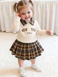 Elladie kids 女嬰女孩童裝 學院風 Old Money 可愛 Y2K 格紋字母華夫格長袖 Polo 上衣＋裙子 2 件套 秋季套裝 米白色/棕色 - 卡其色 - 查看 4