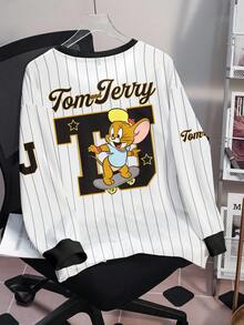 TOM & JERRY X SHEIN 大尺碼女款圓領條紋字母卡通圖案休閒日常長袖衛衣 - 白色 - 查看 2