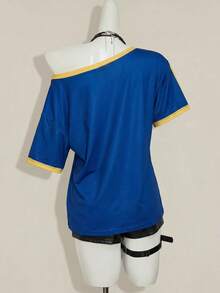 SHEIN ICON Y2K 暗黑復古 Grunge 風格十字印花露肩寬鬆休閒 T-shirt - 藍色 - 查看 2