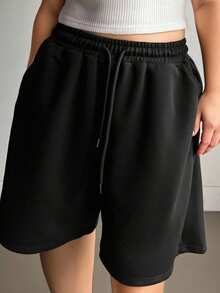 Dazy Petite Curve Elastic Waist Drawstring Sports Casual Black Knit Plus Size Petite Women's Shorts Summer - Black - View 4
