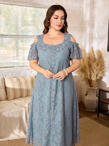 Lacomfia Gaun Minimalis Kasual Warna Polos dengan Renda, Leher Persegi, Bahu Terbuka, Lengan Pendek, Potongan Longgar, Ukuran Plus, Cocok untuk Musim Semi dan Musim Panas - Baby Blue - View 3