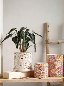 Haus Hana 1pc Cute Nordic Floral Print Ceramic Pot, Round Breathable Terracotta Planter With Drainage Hole For Succulents & Phalaenopsis - multicolor - View 5