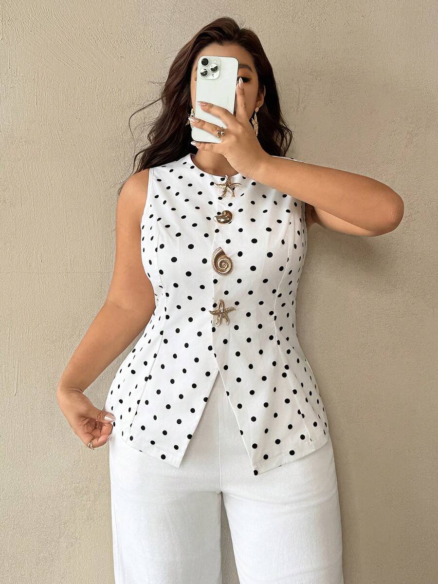Auralis Slim-Fit Waist-Cinching Polka-Dot Vest/Jacket Round Neck Button-Front Suitable For Layering Summer Office Birthday Formal Wedding Guest Vacation White - Black and White - View 1