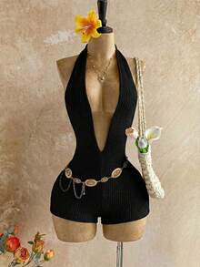 Soleia Women's Vacation Black Ribbed Knit Deep V Backless Bodysuit, Fashionable Fitted Romper For Party, Date, Afternoon Tea, Boho Beach Summer Outfit - Black - View 5