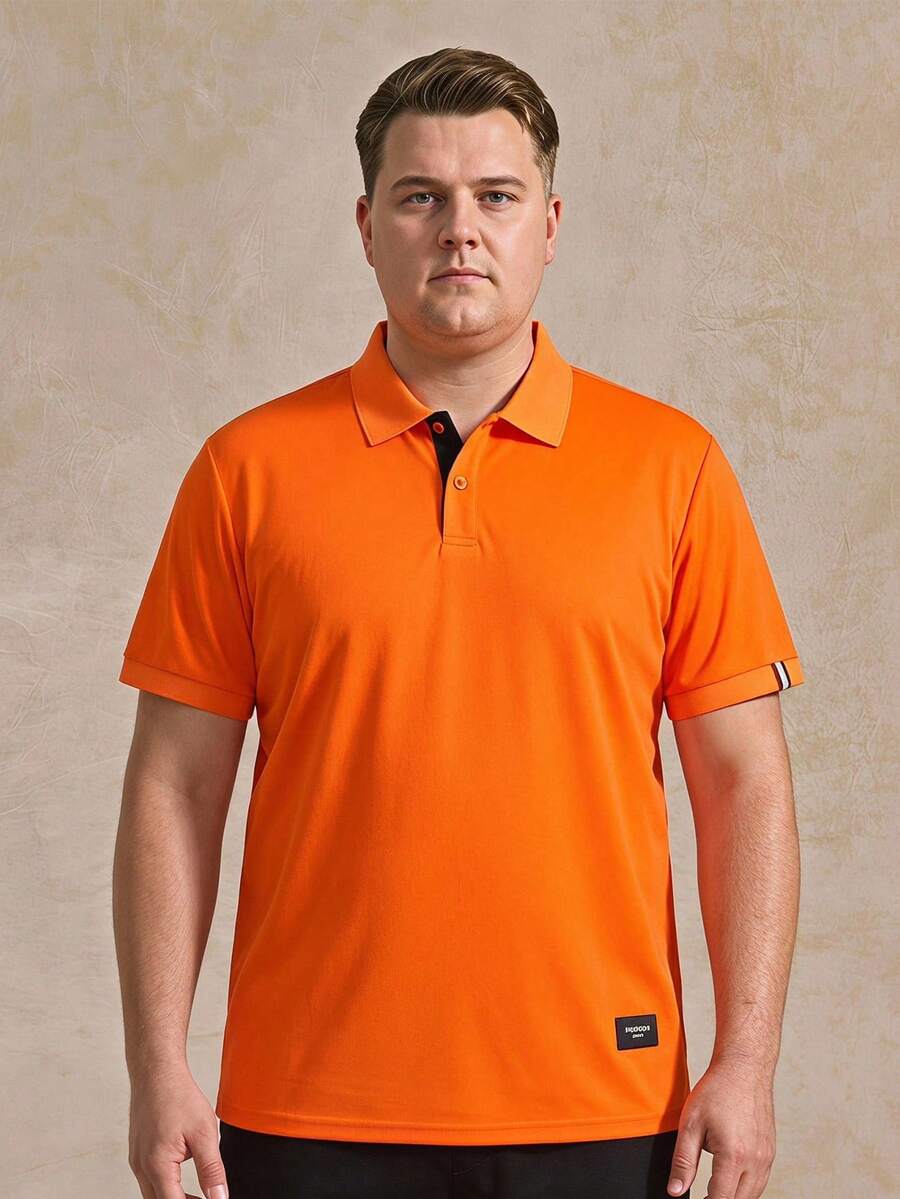 Courvante Tennis Plus Size Men's Letter Printed Casual Short Sleeve Polo Shirt - Orange - View 1