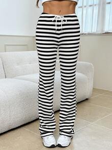 SHEIN Tall Women's Casual Extra Long Knitted Striped Pants With Drawstring In Black And White - Black and White - View 5