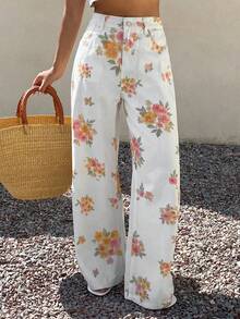 Livesso Summer Autumn White Floral Plant All-Over Print Loose Business Casual Vacation Straight Leg Jeans For Women - White - View 7