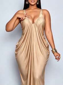 SOLERSUN Plus-Size Women's Deep V-Neck Slim-Fit Dress Suitable For Party, Formal, And Gathering Occasions. - Khaki - View 4