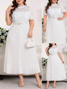Reflora Plus Size Women's Spring/Summer Elegant Romantic Short Sleeve Mid-Length Dress With Pleated Hem, Lace Fabric, Suitable For Outings And Parties White - Green - View 1