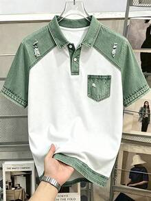 Manfinity Hypemode 男士牛仔效果印花短袖休閒 Polo 衫 - 綠色 - 查看 5