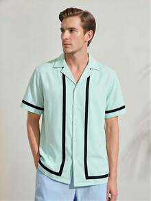 VeloEdit Blue Men's Summer Casual Plaid & Floral Print Shirt Textured Front Button Embroidered Premium Fabric Wardrobe Essentials Outfit Ideas Laid-Back Look - Blue - View 5