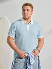 VeloEdit Plus Size Men's Solid Color Short Sleeve Polo Shirt, Fashionable For Summer Fall Winter - Baby Blue - View 4