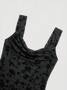 SHEIN Clasi 女款花卉印花心形領貼身無袖優雅中長洋裝 - 黑色 - 查看 11