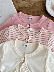 SHEIN 3pcs/Set Baby Girl Casual Ruffle Long Sleeve Cardigan, Suitable For Spring And Autumn Outings - Multicolor - View 5