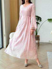 Yasmyna V-Neck Double-Sided Tie Multi-Layer Ruffle Cuff Foamed Print Pink Dress - Pink - View 9