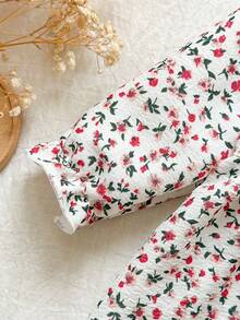 SHEIN Vintaside Kids 新生女嬰杏色圓領荷葉邊卡通櫻桃印花長袖紅色蝴蝶結洋裝，優雅可愛，四季皆宜，新款 - 彩色 - 查看 7