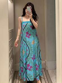 DAZY 夏季海灘度假風花卉印花寬鬆細肩帶長款睡裙 女款 - 藍色 - 查看 4