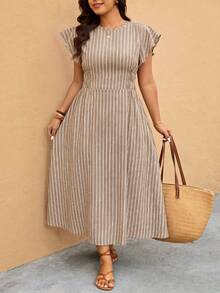 Elaquor Plus Size Casual Striped Cinched Waist Ruffle Cuff Dress - Brown - View 6
