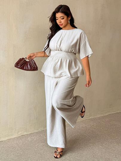Auralis Plus Size Women Solid Color Back Knot Drop Shoulder Sleeve Shirt And Pants Casual 2-Piece Set  Festival Outfits For Women  Going Out Outfits  Travel