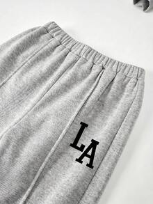 SHEIN 少女休閒「LA」字母印花針織素色寬鬆落肩長袖衛衣與百褶寬腿運動褲套裝，女孩秋季服飾，女孩秋季穿搭，女孩冬季服飾 - 灰色 - 查看 3