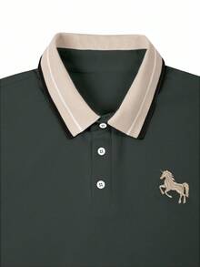Calvornis 男士對比條紋飾邊刺繡短袖休閒 Polo 衫，正式款 - 深灰色 - 查看 3