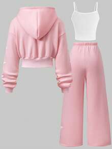 SHEIN Sparklyn Ensemble décontracté 3 pièces pour adolescentes, automne/hiver, couleur unie, avec sweat-shirt zippé doublé thermique, camisole et pantalon large, tenue à la mode pour le quotidien, les trajets et l'école - Rose bonbon - Voir 2