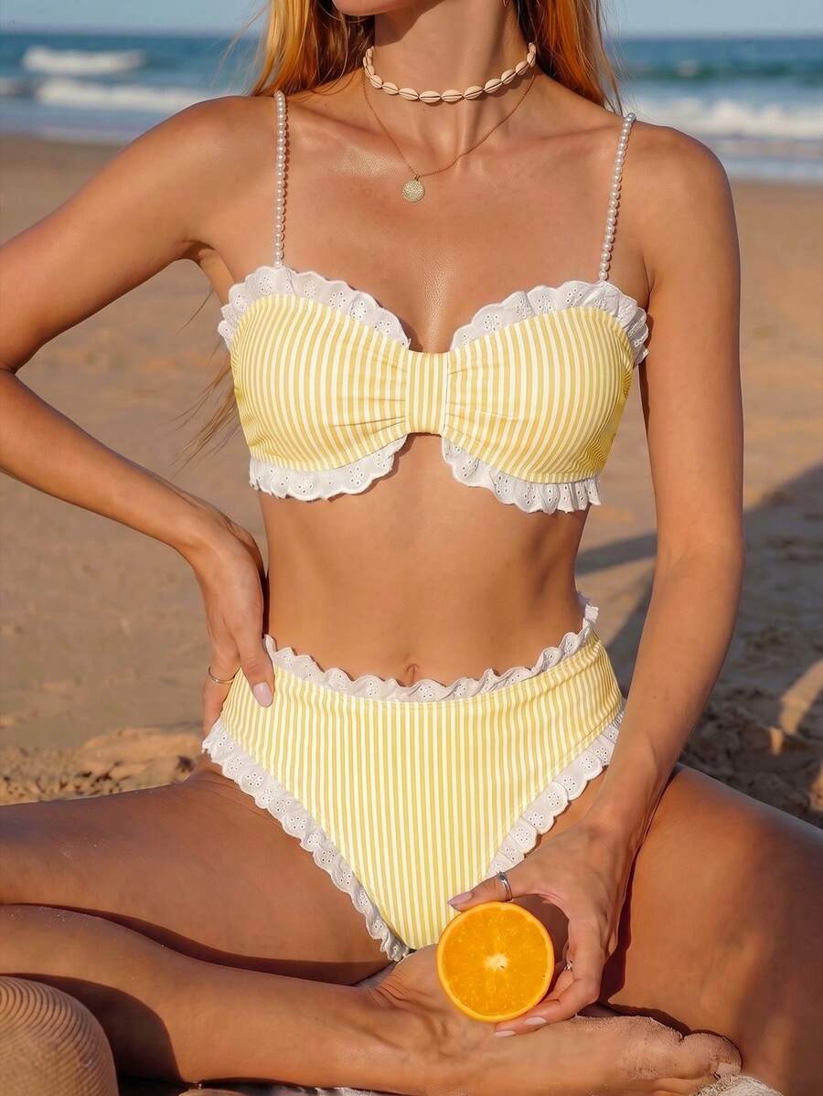 Swim Mod New Mesh Embroidery Decor Sweet Blue & White Striped Bikini Set - Yellow - View 1
