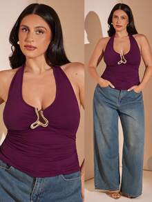SHEIN BAE CURVE 大尺碼女款紫色金屬扣細肩帶背心上衣，修身款 - 紫色 - 查看 5