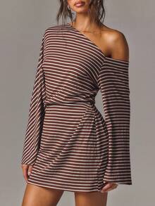 Athîral Women's Striped Print Asymmetrical Neck Flared Sleeve Cinched Waist Mini Dress,Autumn  Outfit,Going Out Dress,Office Outfits,Holiday Date Party - Brown - View 6