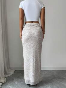 SHEIN Raffinéa Women's Lace Print Side Slit Skirt - White - View 2